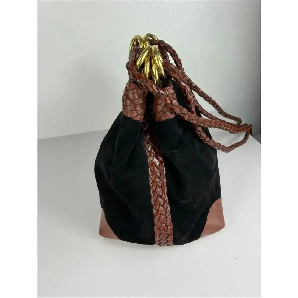 LJS Collection Black Suede Brown Leather Braided Shoulder Bag Vintage
